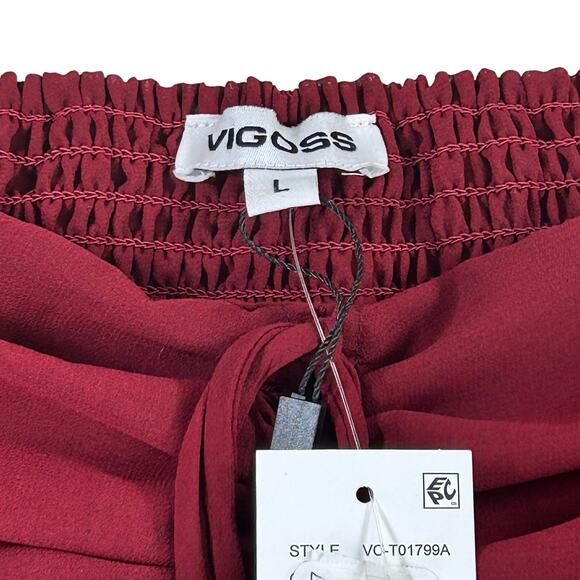 Vigoss Ruffle Chiffon Top Size Large Cherry Red Peplum Rushing Smocked Sheer - Picture 8 of 12